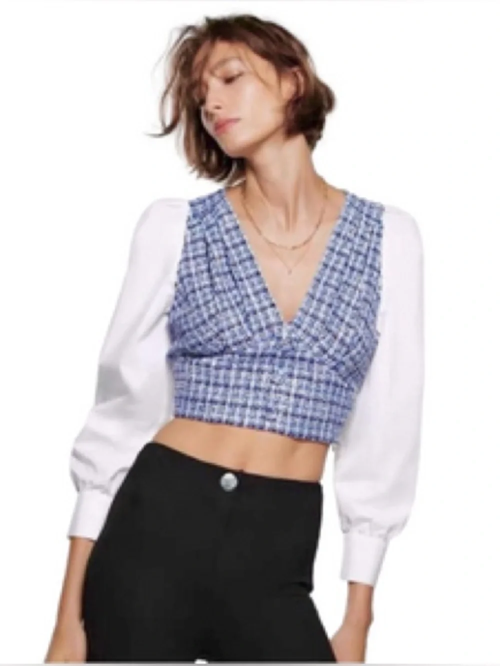 Zara Contrast Textured Tweed Cropped Blouse White Blue